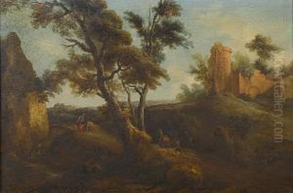 An Italianate Landscape With Travellers On A Country Path Before Ruins Oil Painting by Vittorio Amedeo Cignaroli