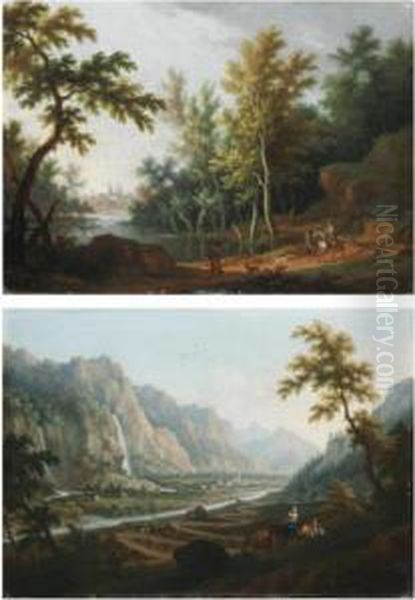 Paesaggio Fluviale Con Viandanti E Una Citta Sullo Sfondo Oil Painting by Vittorio Amedeo Cignaroli