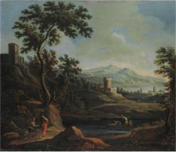 Paesaggio Fluviale Con Figure Sulla Riva, Un'imbarcazione E Un Edificio A Torre Oil Painting by Vittorio Amedeo Cignaroli