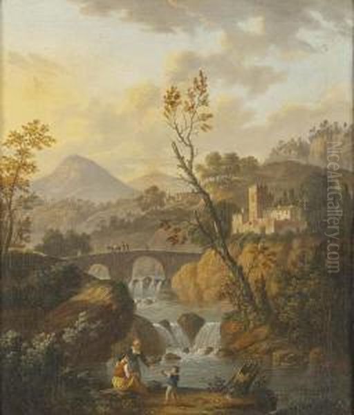 Paesaggio Piemontese Con Torrente, Ponticello E Tre Figure In Primo Piano Oil Painting by Vittorio Amedeo Cignaroli