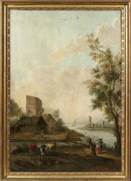 Paesaggio Fluviale, Viandanti E Armenti. Oil Painting by Vittorio Amedeo Cignaroli