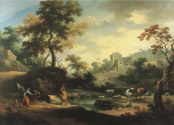 Due Cavalieri Presso Un Fiume Con Un Ponte Turrito Ed Un Edificiocircolare Sullo Sfondo Oil Painting by Vittorio Amedeo Cignaroli