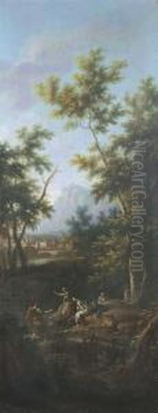 Paesaggio Fluviale Con Contadini Che Pescano Ed Un Borgo Rustico In Lontananza Oil Painting by Vittorio Amedeo Cignaroli