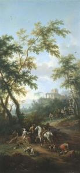 Sosta Di Cacciatori E Compagnia 
Galante Su Cavallo In Un Paesaggio Con Rovine Sullo Sfondo Oil Painting by Vittorio Amedeo Cignaroli