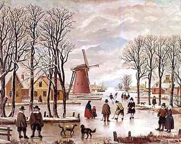 Dutch Winter Scene Oil Painting by J. van der Bowlen