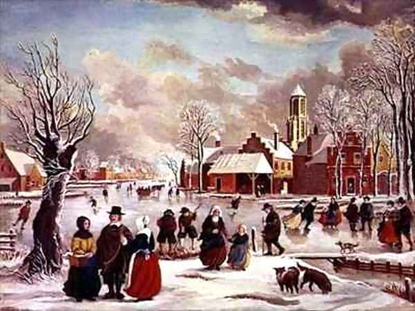 Winter in Holland Oil Painting by J. van der Bowlen