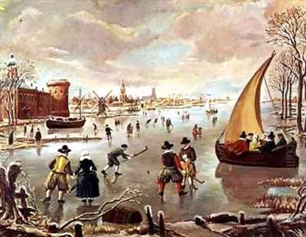 Dutch Winter Pleasures Oil Painting by J. van der Bowlen