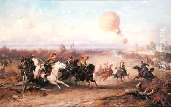 Prussian Hussars firing at a French Observation Balloon Oil Painting by Ludwig Braun