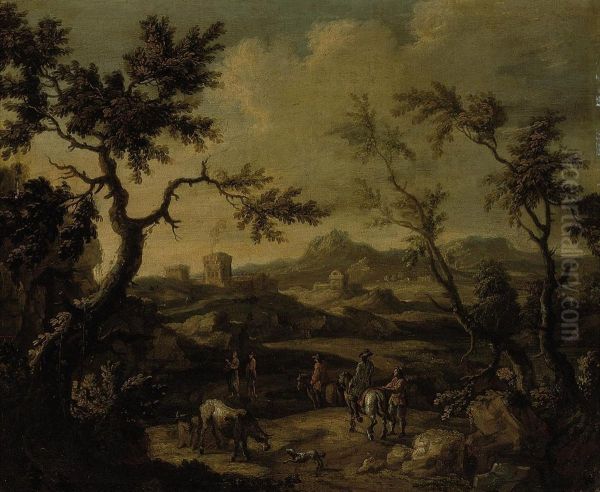 A Wooded Landscape With Travellers Conversing On A Path Oil Painting by Gianbattista Cimaroli