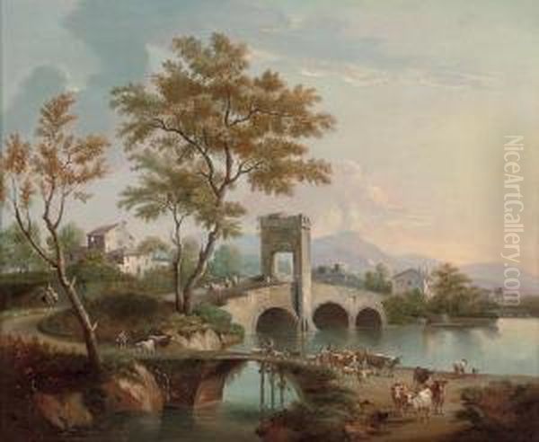 An Italiante Landscape With Drovers And Their Cattle Crossing A Bridge, A Volcano Beyond Oil Painting by Gianbattista Cimaroli