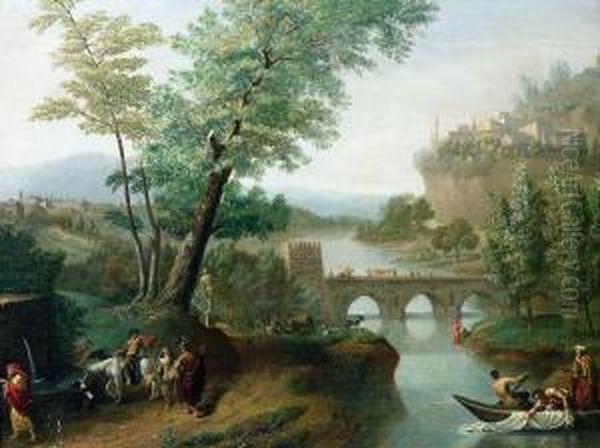 Klassische Flusslandschaft Mit Einer Brucke Uber Die Ein Trauerzug Schreitet by Gianbattista Cimaroli