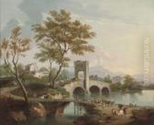 An Italiante Landscape With Drovers And Their Cattle Crossing A Bridge Oil Painting by Gianbattista Cimaroli