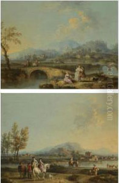 An Italianate Landscape With Elegant Figures On Horseback, Before Ariverside Town Oil Painting by Gianbattista Cimaroli