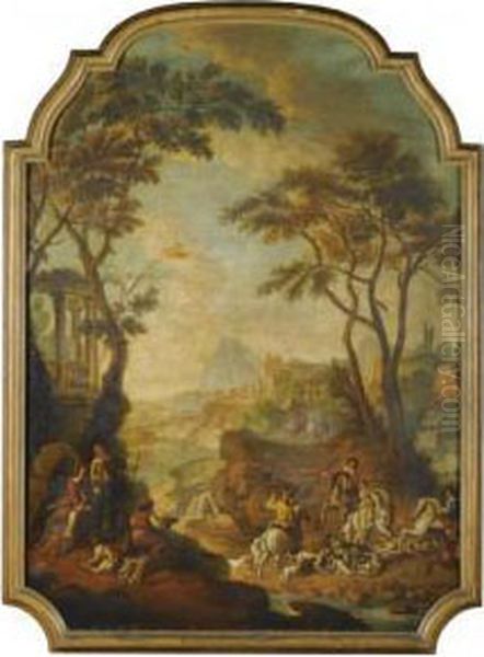 A Wooded River Landscape With A Hunting Party In Theforeground Oil Painting by Gianbattista Cimaroli