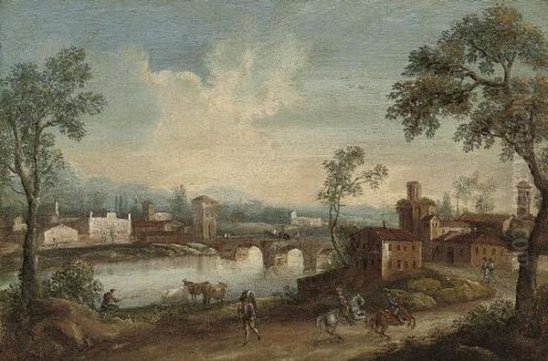 An Italianate Wooded River Landscape With Figures On Horseback, A Village Beyond Oil Painting by Gianbattista Cimaroli