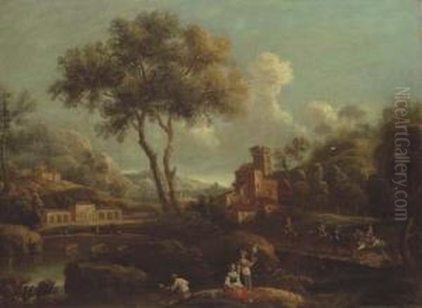 An Italianate Landscape With 
Peasants Fishing By A River, Horsemen Crossing A Bridge Beyond Oil Painting by Gianbattista Cimaroli