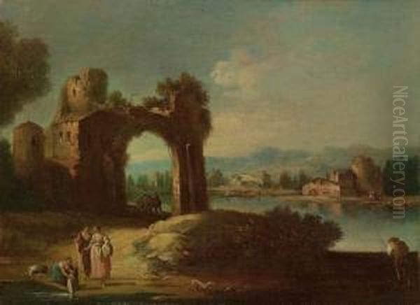 Paesaggio Fluviale Con Arco In Rovina Oil Painting by Gianbattista Cimaroli