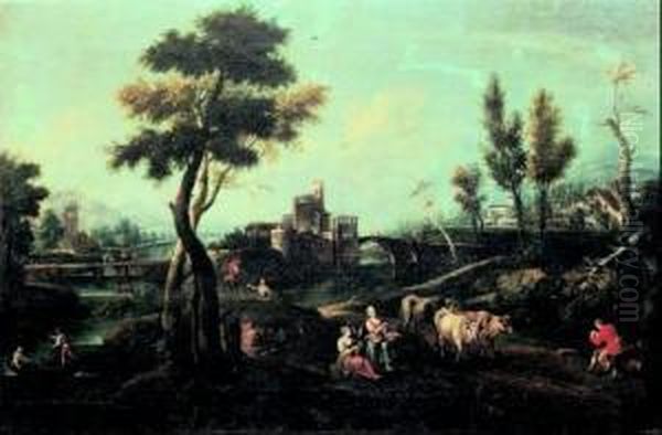 Paesaggio Con Figure E Armenti Oil Painting by Gianbattista Cimaroli