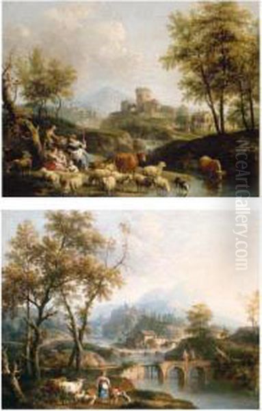 A Pastoral Landscape With 
Shepherdess Resting With Sheep And Cattle At A Watering-hole, A 
Capriccio View Of A Town Beyond Oil Painting by Gianbattista Cimaroli