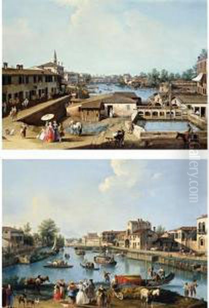 A View Of The Mills At Dolo On The Brenta; A View On The Brenta Canal, Possibly At Dolo Oil Painting by Gianbattista Cimaroli