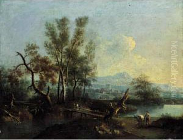 Paesaggio Fluviale Con Figure Oil Painting by Gianbattista Cimaroli