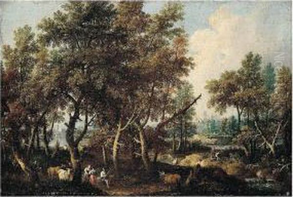 A Pastoral Landscape With Figures And Cattle Rested In A Wooded River Landscape Oil Painting by Gianbattista Cimaroli