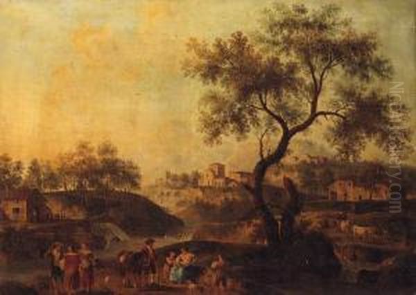 Figures By A Tree In An Italianate Landscape Oil Painting by Gianbattista Cimaroli