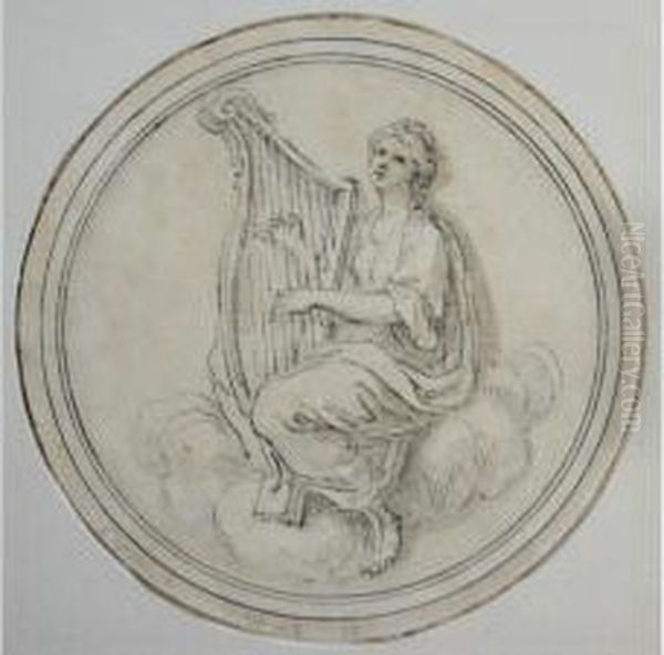 Classical Maiden With A Harp (terpsichore?) Oil Painting by Giovanni Batista Cipriani