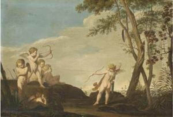 A Mediterranean Landscape With Putti Firing Arrows To Ashield Oil Painting by Giovanni Batista Cipriani