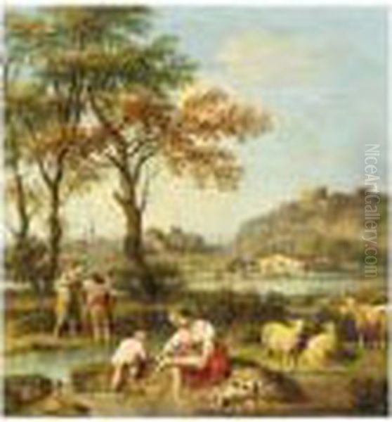 An Italianate Landscape With Figures Washing In A River Oil Painting by Giovanni Batista Cipriani