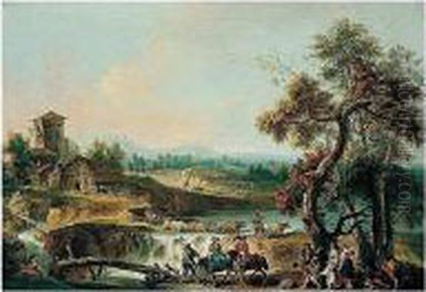 A River Landscape With Elegant 
Travellers And Other Figures By A Wooden Bridge, A Herdsman Crossing The
 River With His Cattle By A Waterfall Oil Painting by Giovanni Batista Cipriani