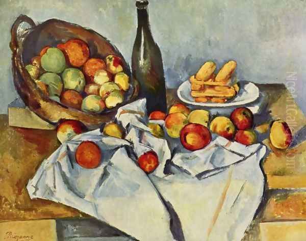 Still life with bottle and apple basket Oil Painting by Paul Cezanne