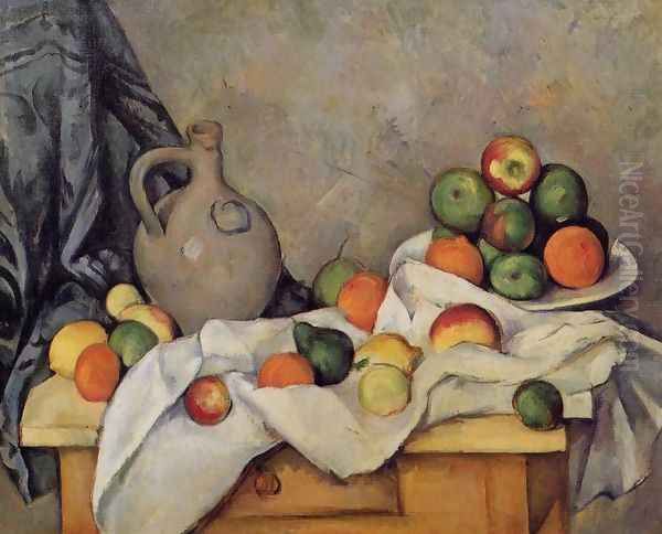 Curtain Jug And Fruit Oil Painting by Paul Cezanne