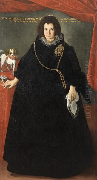 Portrait Of A Lady, Full-length,
 In A Blackdress With A Gold Chain And Brooch, A White Handkerchief In 
Herleft Hand, Standing Beside A Lap Dog And A Sliver-bound Prayer Bookon
 A Table Draped With A Red Cloth Oil Painting by Pier Francesco Cittadini Il Milanese