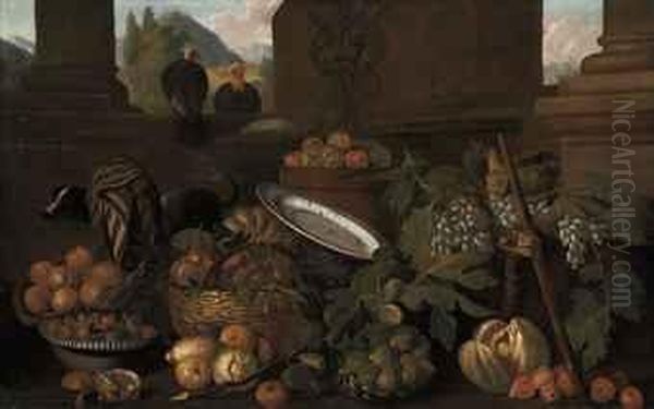 Peaches, Pears, Apples, Lemons, 
Figs And Grapes, In Baskets, With Adog And Two Turkeys, In A Classical 
Architectural Setting, Alandscape Beyond Oil Painting by Pier Francesco Cittadini Il Milanese