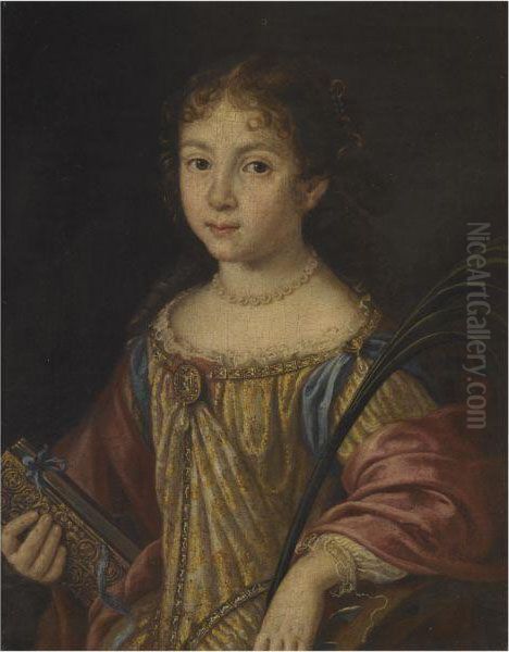 A Portrait Of A Young Girl As Saint Catherine Holding A Book Andthe Martyr's Palm Oil Painting by Pier Francesco Cittadini Il Milanese