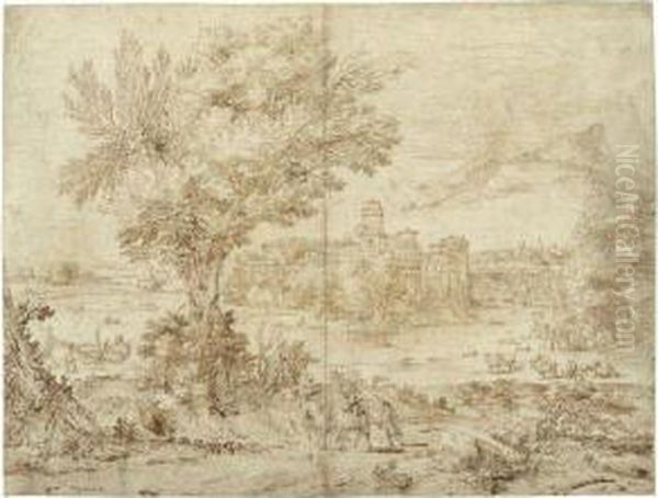 An Extensive Landscape, Two Riders In The Foreground, Afortified Town On A River Beyond Oil Painting by Pier Francesco Cittadini Il Milanese