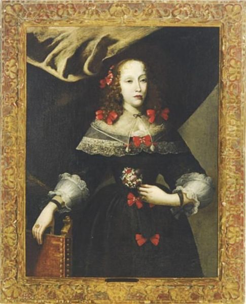 Portrait Of A Lady Wearing A Black Dress And Red Bows Oil Painting by Pier Francesco Cittadini Il Milanese