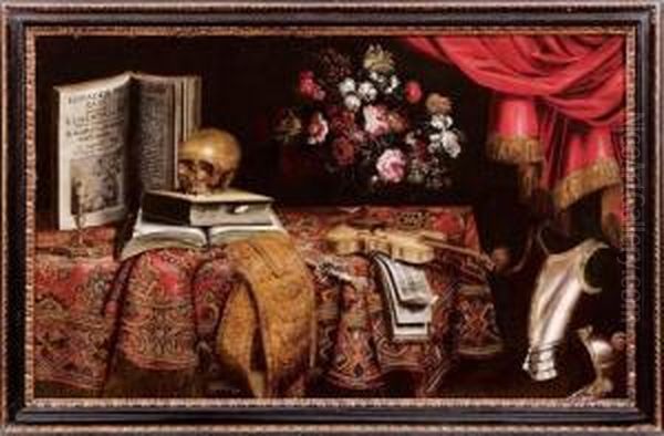 Natura Morta Con Libri, Teschio, Un Violino E Un Vaso Di Fiori Su Un Tappeto Oil Painting by Pier Francesco Cittadini Il Milanese