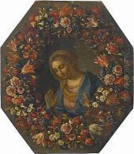 The Annunciation Within A Garland Of Flowers Oil Painting by Pier Francesco Cittadini Il Milanese