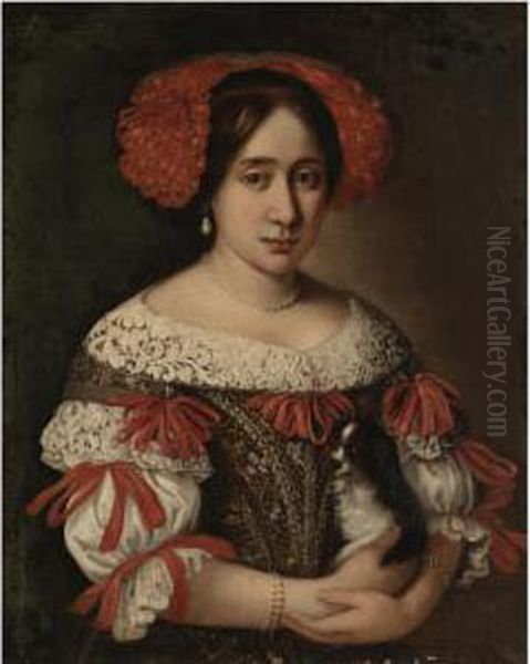 Portrait Of A Lady, Half-length,
 Wearing An Elaborately Embroidered Dress With Red Ribbons And A Red 
Ribboned Headdress And Holding A Dog Oil Painting by Pier Francesco Cittadini Il Milanese