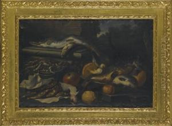 Luccio, Triglie, Melograno, Funghi, Un Gatto E Una Rosa Oil Painting by Pier Francesco Cittadini Il Milanese