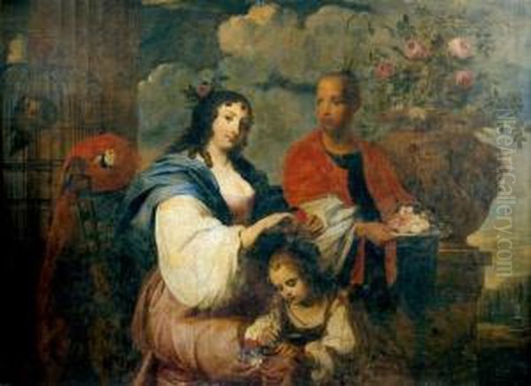 Jeune Femme Ornant Les Cheveux 
De Sa Fille De Fleurs Sur Une Terrasse Devant Un Jardin Classique Oil Painting by Pier Francesco Cittadini Il Milanese