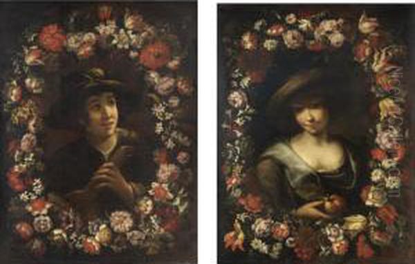 Ghirlanda Di Fiori Con Suonatore;ghirlanda Di Fiori Con Contadina Oil Painting by Pier Francesco Cittadini Il Milanese