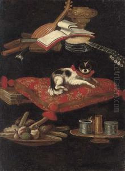 A Spaniel On An Embroidered 
Cushion With A Plate Of Sweetmeats, Condiments, Books And Musical 
Instruments Oil Painting by Pier Francesco Cittadini Il Milanese