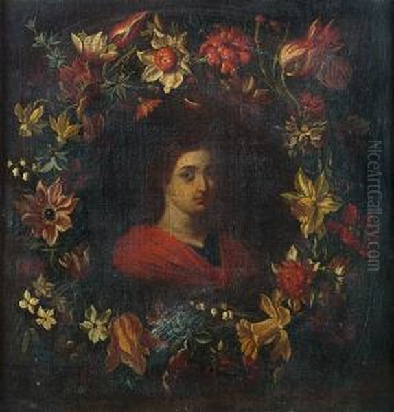 The Young Christ Surrounded By A Garland Of Flowers Oil Painting by Pier Francesco Cittadini Il Milanese