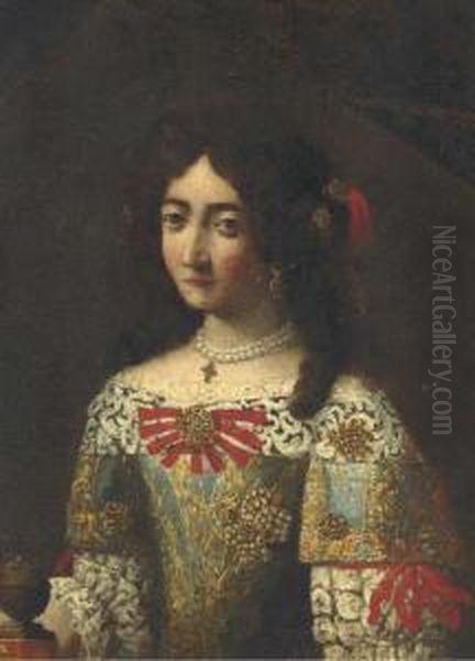 Portrait Of A Lady, Half-length, In An Embroidered Dress: Afragment Oil Painting by Pier Francesco Cittadini Il Milanese