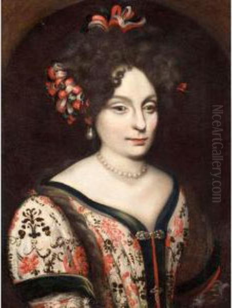 Portrait Of A Lady, Half Length,
 Wearing Ribbons In Her Hair And A White Embroidered Dress Oil Painting by Pier Francesco Cittadini Il Milanese