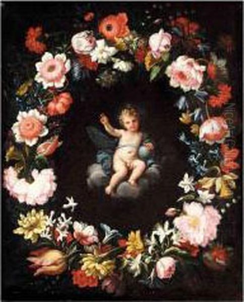 The Christ Child Surrounded By A Floral Garland Oil Painting by Pier Francesco Cittadini Il Milanese