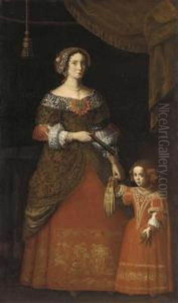 Double Portrait Of A Lady And 
Her Daughter, Both Full-length, In Red Embroidered Dresses, A Green 
Curtain Above Oil Painting by Pier Francesco Cittadini Il Milanese